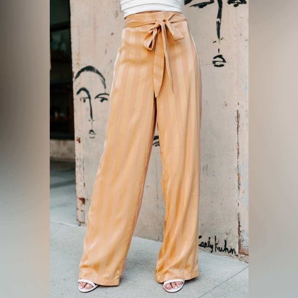 Gold Satin Paper Bag Waist Wide-Leg Striped Pants Size S